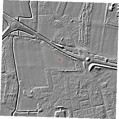 Shaded relief map of the ground around PE127GH, computed from Environment Agency LiDAR. The ground here sits at about 3 m above sea level and falls 7 m across the surrounding 800 m. Surface water reaching this point runs off ground lying to the east-south-east, 4.2 m higher.