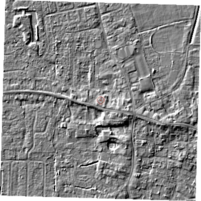 Shaded relief map of the ground around PE127HA, computed from Environment Agency LiDAR. The ground here sits at about 4 m above sea level and falls 4 m across the surrounding 800 m. Surface water reaching this point runs off ground lying to the east-south-east, 1.7 m higher.