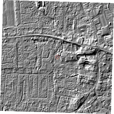 Shaded relief map of the ground around PE127HD, computed from Environment Agency LiDAR. The ground here sits at about 3 m above sea level and falls 4 m across the surrounding 800 m. Surface water reaching this point runs off ground lying to the east-north-east, 2.7 m higher.