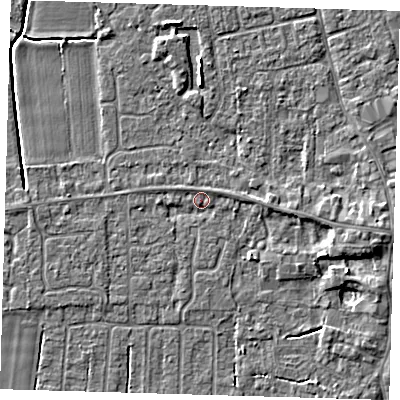 Shaded relief map of the ground around PE127HG, computed from Environment Agency LiDAR. The ground here sits at about 3 m above sea level and falls 4 m across the surrounding 800 m. Surface water reaching this point runs off ground lying to the north-east, 1.1 m higher.