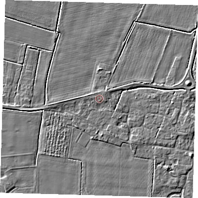 Shaded relief map of the ground around PE127HP, computed from Environment Agency LiDAR. The ground here sits at about 4 m above sea level and falls 3 m across the surrounding 800 m. Surface water reaching this point runs off ground lying to the west, 0.7 m higher.