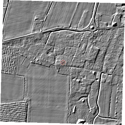 Shaded relief map of the ground around PE127HR, computed from Environment Agency LiDAR. The ground here sits at about 4 m above sea level and falls 5 m across the surrounding 800 m. Surface water reaching this point runs off ground lying to the east-north-east, 1.2 m higher.