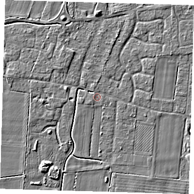 Shaded relief map of the ground around PE127HS, computed from Environment Agency LiDAR. The ground here sits at about 3 m above sea level and falls 5 m across the surrounding 800 m. Surface water reaching this point runs off ground lying to the south-west, 0.5 m higher.
