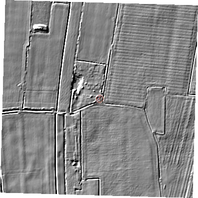 Shaded relief map of the ground around PE127HU, computed from Environment Agency LiDAR. The ground here sits at about 3 m above sea level and falls 5 m across the surrounding 800 m. Surface water reaching this point runs off ground lying to the east, 1.2 m higher.