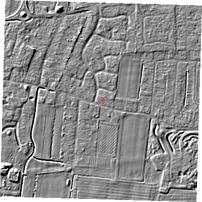 Shaded relief map of the ground around PE127HX, computed from Environment Agency LiDAR. The ground here sits at about 3 m above sea level and falls 5 m across the surrounding 800 m. Surface water reaching this point runs off ground lying to the north-north-west, 1.7 m higher.