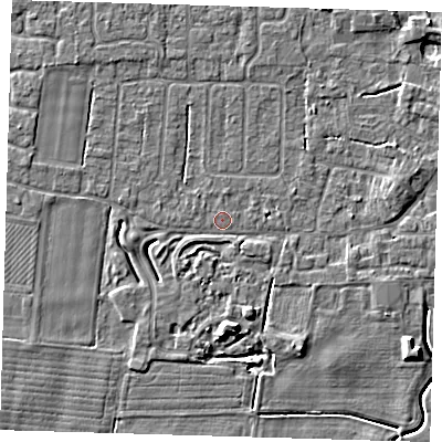 Shaded relief map of the ground around PE127HZ, computed from Environment Agency LiDAR. The ground here sits at about 3 m above sea level and falls 6 m across the surrounding 800 m. Surface water reaching this point runs off ground lying to the east-south-east, 1.6 m higher.
