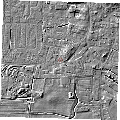 Shaded relief map of the ground around PE127JA, computed from Environment Agency LiDAR. The ground here sits at about 3 m above sea level and falls 6 m across the surrounding 800 m. Surface water reaching this point runs off ground lying to the east-south-east, 1.1 m higher.