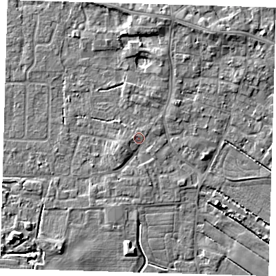 Shaded relief map of the ground around PE127JD, computed from Environment Agency LiDAR. The ground here sits at about 4 m above sea level and falls 6 m across the surrounding 800 m. Surface water reaching this point runs off ground lying to the west-south-west, 1.5 m higher.