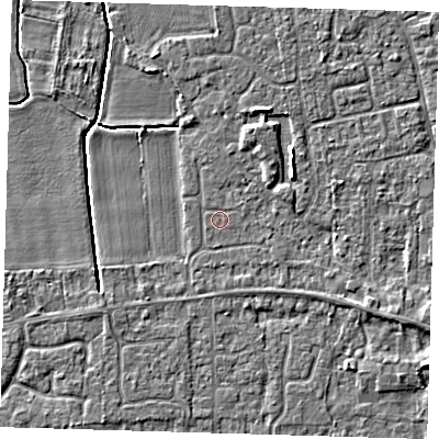 Shaded relief map of the ground around PE127JE, computed from Environment Agency LiDAR. The ground here sits at about 3 m above sea level and falls 4 m across the surrounding 800 m. The ground contributing surface water to this point lies to the north-east.