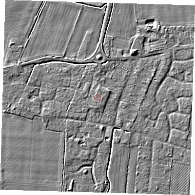 Shaded relief map of the ground around PE127JH, computed from Environment Agency LiDAR. The ground here sits at about 4 m above sea level and falls 5 m across the surrounding 800 m. Surface water reaching this point runs off ground lying to the north-north-east, 0.6 m higher.