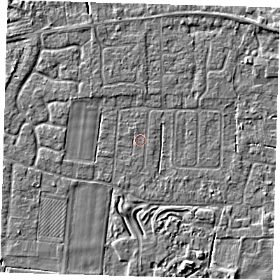 Shaded relief map of the ground around PE127JN, computed from Environment Agency LiDAR. The ground here sits at about 3 m above sea level and falls 6 m across the surrounding 800 m. The ground contributing surface water to this point lies to the south-east.
