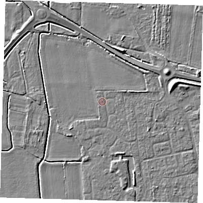 Shaded relief map of the ground around PE127JP, computed from Environment Agency LiDAR. The ground here sits at about 3 m above sea level and falls 6 m across the surrounding 800 m. Surface water reaching this point runs off ground lying to the south-south-east, 1.5 m higher.