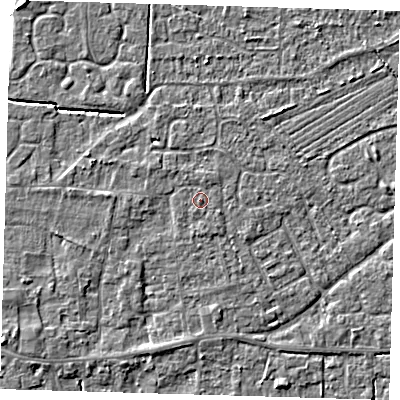 Shaded relief map of the ground around PE127JQ, computed from Environment Agency LiDAR. The ground here sits at about 4 m above sea level and falls 3 m across the surrounding 800 m. Surface water reaching this point runs off ground lying to the north-west, 0.6 m higher.