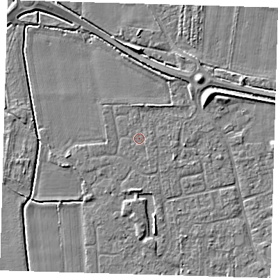 Shaded relief map of the ground around PE127JR, computed from Environment Agency LiDAR. The ground here sits at about 3 m above sea level and falls 6 m across the surrounding 800 m. Surface water reaching this point runs off ground lying to the south-east, 0.5 m higher.