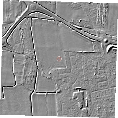 Shaded relief map of the ground around PE127JS, computed from Environment Agency LiDAR. The ground here sits at about 3 m above sea level and falls 6 m across the surrounding 800 m. The ground contributing surface water to this point lies to the south-south-east.