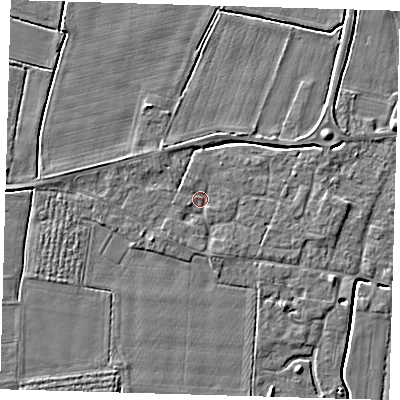Shaded relief map of the ground around PE127JX, computed from Environment Agency LiDAR. The ground here sits at about 3 m above sea level and falls 4 m across the surrounding 800 m. Surface water reaching this point runs off ground lying to the east, 2.6 m higher.