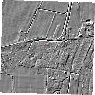 Shaded relief map of the ground around PE127JY, computed from Environment Agency LiDAR. The ground here sits at about 3 m above sea level and falls 5 m across the surrounding 800 m. Surface water reaching this point runs off ground lying to the east-south-east, 1.2 m higher.