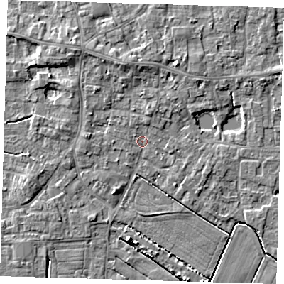 Shaded relief map of the ground around PE127LB, computed from Environment Agency LiDAR. The ground here sits at about 3 m above sea level and falls 6 m across the surrounding 800 m. Surface water reaching this point runs off ground lying to the north-north-east, 1.4 m higher.