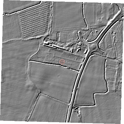 Shaded relief map of the ground around PE127LD, computed from Environment Agency LiDAR. The ground here sits at about 3 m above sea level and falls 5 m across the surrounding 800 m. Surface water reaching this point runs off ground lying to the west-south-west, 1.9 m higher.