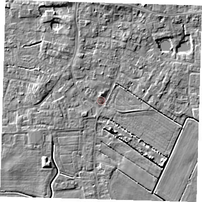 Shaded relief map of the ground around PE127LE, computed from Environment Agency LiDAR. The ground here sits at about 3 m above sea level and falls 6 m across the surrounding 800 m. Surface water reaching this point runs off ground lying to the north, 2.1 m higher.