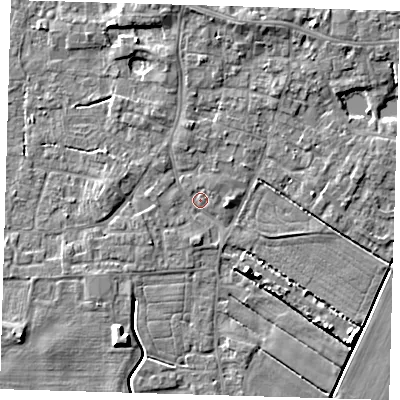 Shaded relief map of the ground around PE127LF, computed from Environment Agency LiDAR. The ground here sits at about 3 m above sea level and falls 6 m across the surrounding 800 m. Surface water reaching this point runs off ground lying to the north, 2.5 m higher.