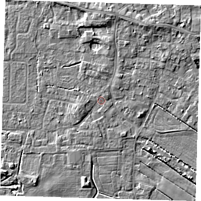 Shaded relief map of the ground around PE127LG, computed from Environment Agency LiDAR. The ground here sits at about 3 m above sea level and falls 6 m across the surrounding 800 m. Surface water reaching this point runs off ground lying to the west-south-west, 1.5 m higher.