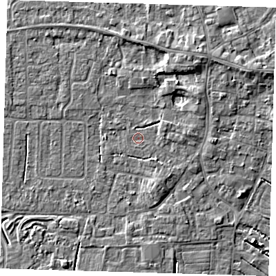 Shaded relief map of the ground around PE127LH, computed from Environment Agency LiDAR. The ground here sits at about 3 m above sea level and falls 5 m across the surrounding 800 m. Surface water reaching this point runs off ground lying to the east, 0.8 m higher.