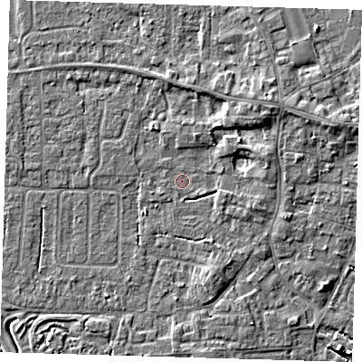 Shaded relief map of the ground around PE127LJ, computed from Environment Agency LiDAR. The ground here sits at about 3 m above sea level and falls 5 m across the surrounding 800 m. Surface water reaching this point runs off ground lying to the north-east, 3.3 m higher.