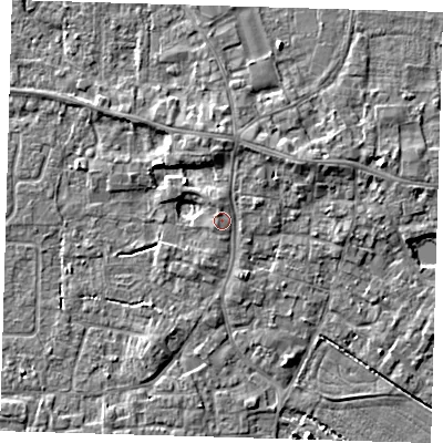 Shaded relief map of the ground around PE127LL, computed from Environment Agency LiDAR. The ground here sits at about 4 m above sea level and falls 5 m across the surrounding 800 m. Surface water reaching this point runs off ground lying to the north-north-east, 1.4 m higher.