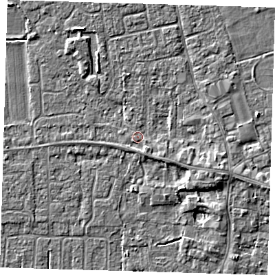 Shaded relief map of the ground around PE127LP, computed from Environment Agency LiDAR. The ground here sits at about 3 m above sea level and falls 4 m across the surrounding 800 m. Surface water reaching this point runs off ground lying to the south-east, 1.3 m higher.