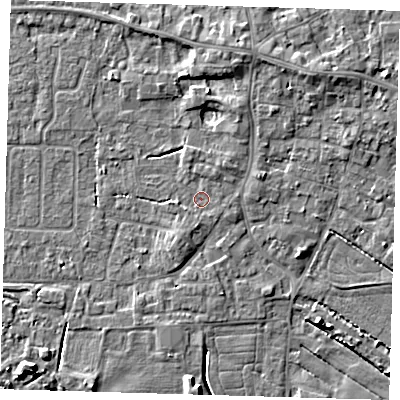 Shaded relief map of the ground around PE127LQ, computed from Environment Agency LiDAR. The ground here sits at about 3 m above sea level and falls 6 m across the surrounding 800 m. Surface water reaching this point runs off ground lying to the north-north-east, 1.2 m higher.