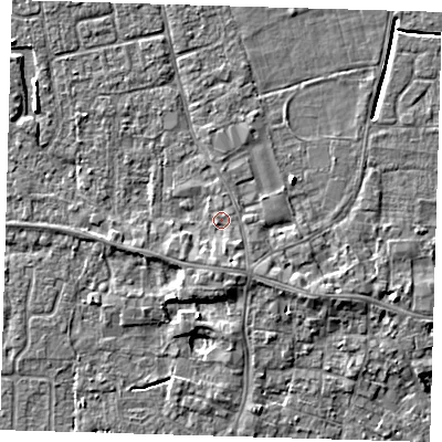 Shaded relief map of the ground around PE127LR, computed from Environment Agency LiDAR. The ground here sits at about 4 m above sea level and falls 4 m across the surrounding 800 m. Surface water reaching this point runs off ground lying to the south, 1.8 m higher.