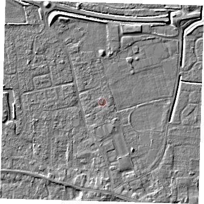 Shaded relief map of the ground around PE127LS, computed from Environment Agency LiDAR. The ground here sits at about 3 m above sea level and falls 6 m across the surrounding 800 m. Surface water reaching this point runs off ground lying to the south-south-west, 0.7 m higher.