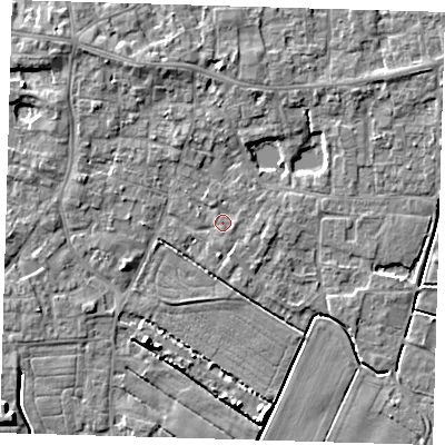 Shaded relief map of the ground around PE127LT, computed from Environment Agency LiDAR. The ground here sits at about 3 m above sea level and falls 6 m across the surrounding 800 m. Surface water reaching this point runs off ground lying to the north-north-west, 1.1 m higher.