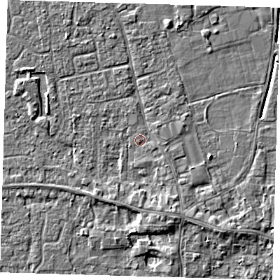 Shaded relief map of the ground around PE127LU, computed from Environment Agency LiDAR. The ground here sits at about 3 m above sea level and falls 4 m across the surrounding 800 m. Surface water reaching this point runs off ground lying to the south-east, 1.3 m higher.