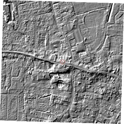 Shaded relief map of the ground around PE127LW, computed from Environment Agency LiDAR. The ground here sits at about 5 m above sea level and falls 4 m across the surrounding 800 m. Surface water reaching this point runs off ground lying to the east-south-east, 0.7 m higher.