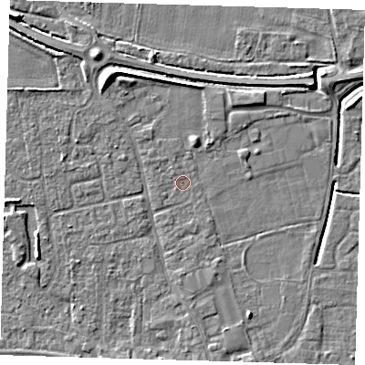 Shaded relief map of the ground around PE127LY, computed from Environment Agency LiDAR. The ground here sits at about 3 m above sea level and falls 6 m across the surrounding 800 m. Surface water reaching this point runs off ground lying to the west-south-west, 2.7 m higher.