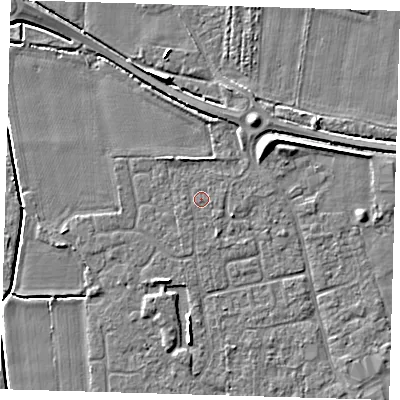 Shaded relief map of the ground around PE127NE, computed from Environment Agency LiDAR. The ground here sits at about 4 m above sea level and falls 6 m across the surrounding 800 m. Surface water reaching this point runs off ground lying to the south-south-east, 0.8 m higher.