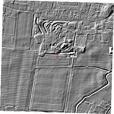 Shaded relief map of the ground around PE127NJ, computed from Environment Agency LiDAR. The ground here sits at about 3 m above sea level and falls 6 m across the surrounding 800 m. Surface water reaching this point runs off ground lying to the north-east, 2.7 m higher.