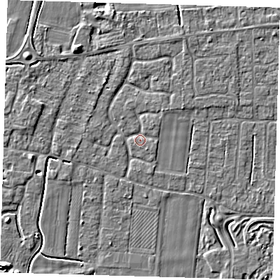 Shaded relief map of the ground around PE127NY, computed from Environment Agency LiDAR. The ground here sits at about 3 m above sea level and falls 5 m across the surrounding 800 m. Surface water reaching this point runs off ground lying to the north-north-west, 1.7 m higher.