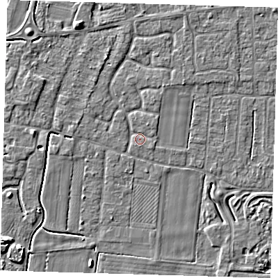 Shaded relief map of the ground around PE127NZ, computed from Environment Agency LiDAR. The ground here sits at about 3 m above sea level and falls 5 m across the surrounding 800 m. Surface water reaching this point runs off ground lying to the north-north-west, 1.7 m higher.