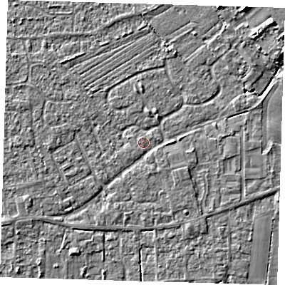 Shaded relief map of the ground around PE127PA, computed from Environment Agency LiDAR. The ground here sits at about 3 m above sea level and falls 6 m across the surrounding 800 m. Surface water reaching this point runs off ground lying to the east, 2.7 m higher.