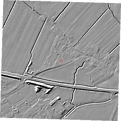 Shaded relief map of the ground around PE127PF, computed from Environment Agency LiDAR. The ground here sits at about 3 m above sea level and falls 7 m across the surrounding 800 m. The ground contributing surface water to this point lies to the south-south-west.