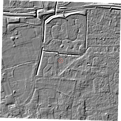 Shaded relief map of the ground around PE127PJ, computed from Environment Agency LiDAR. The ground here sits at about 3 m above sea level and falls 5 m across the surrounding 800 m. Surface water reaching this point runs off ground lying to the south-east, 1.3 m higher.