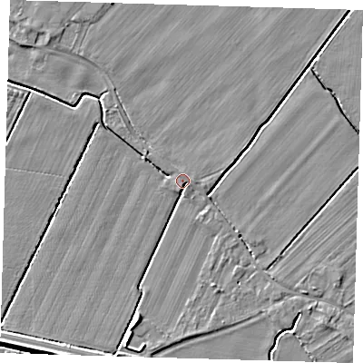 Shaded relief map of the ground around PE127PP, computed from Environment Agency LiDAR. The ground here sits at about 3 m above sea level and falls 5 m across the surrounding 800 m. Surface water reaching this point runs off ground lying to the south-east, 1.7 m higher.