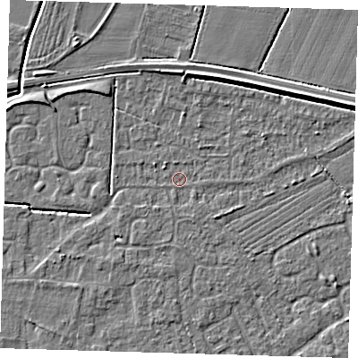 Shaded relief map of the ground around PE127PQ, computed from Environment Agency LiDAR. The ground here sits at about 3 m above sea level and falls 5 m across the surrounding 800 m. Surface water reaching this point runs off ground lying to the south-south-east, 0.8 m higher.