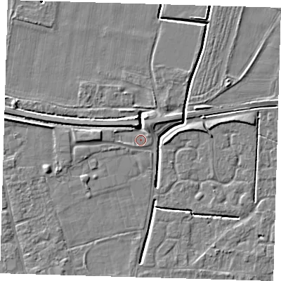 Shaded relief map of the ground around PE127PT, computed from Environment Agency LiDAR. The ground here sits at about 3 m above sea level and falls 5 m across the surrounding 800 m. Surface water reaching this point runs off ground lying to the north, 4.4 m higher.