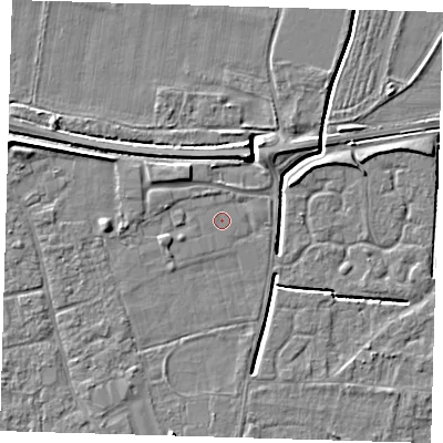 Shaded relief map of the ground around PE127PU, computed from Environment Agency LiDAR. The ground here sits at about 3 m above sea level and falls 5 m across the surrounding 800 m. The ground contributing surface water to this point lies to the south-west.