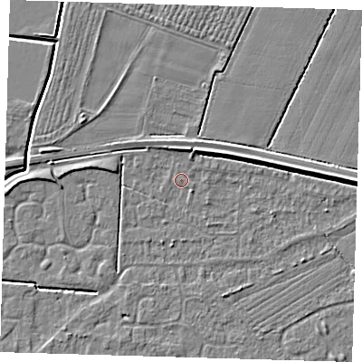 Shaded relief map of the ground around PE127PW, computed from Environment Agency LiDAR. The ground here sits at about 3 m above sea level and falls 5 m across the surrounding 800 m. Surface water reaching this point runs off ground lying to the north-north-east, 2.8 m higher.
