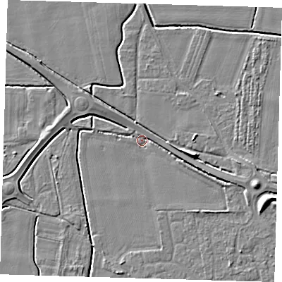 Shaded relief map of the ground around PE127PY, computed from Environment Agency LiDAR. The ground here sits at about 3 m above sea level and falls 6 m across the surrounding 800 m. Surface water reaching this point runs off ground lying to the east-south-east, 5.7 m higher.